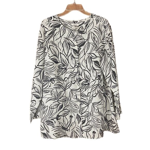 Christian Siriano Button Front Shirt Blouse Size 1X Cream Black Linen Floral - Picture 1 of 3